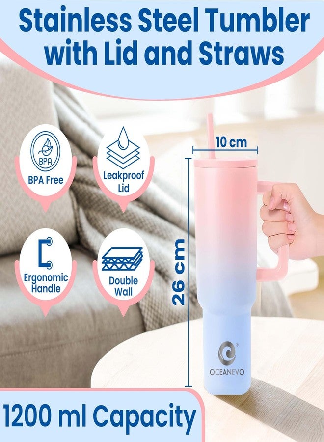 OCEANEVO 1200 ML Stainless Steel Tumbler with Lid and 3 Straws, Double Insulated Cup with Handle for Hot and Cold, 100% Leakproof Mug for Office, Gym and Travel - Pink and Blue - Image 2